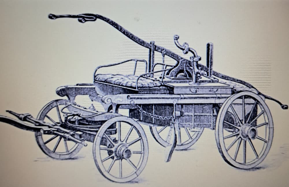 Čtyřmužná hasičská stříkačka za koně (ilustrační obrázek).