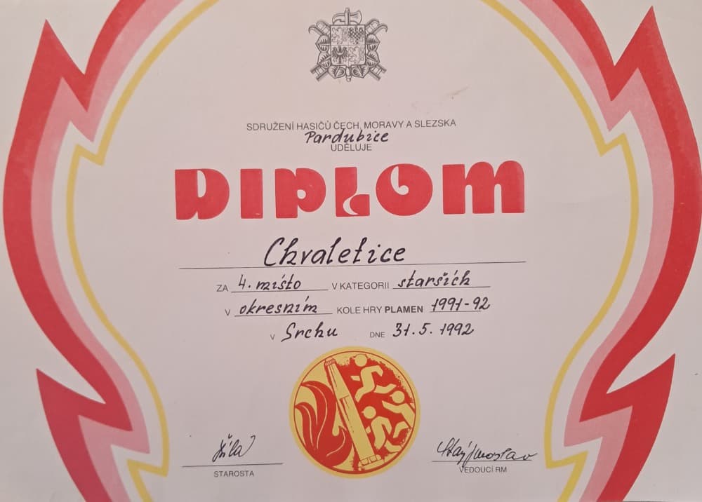Diplom za 4. místo starších v okresním kole hry Plamen 1991/92.